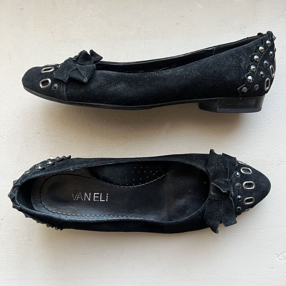 VanEli Thisbe Black Suede Flat Shoes w/ Pointed Toes & Bow Women's 6.5 M